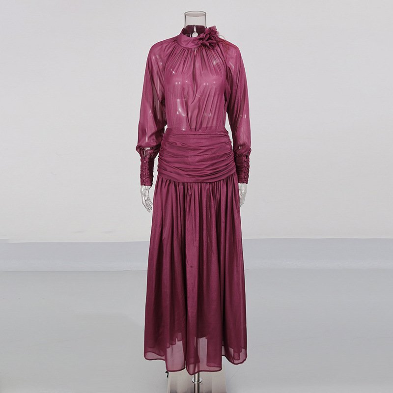 Deep Wine Maxi Dress Women's Floral High Neck Pleated A-Line Long Sleeve Dress - Styeenigma