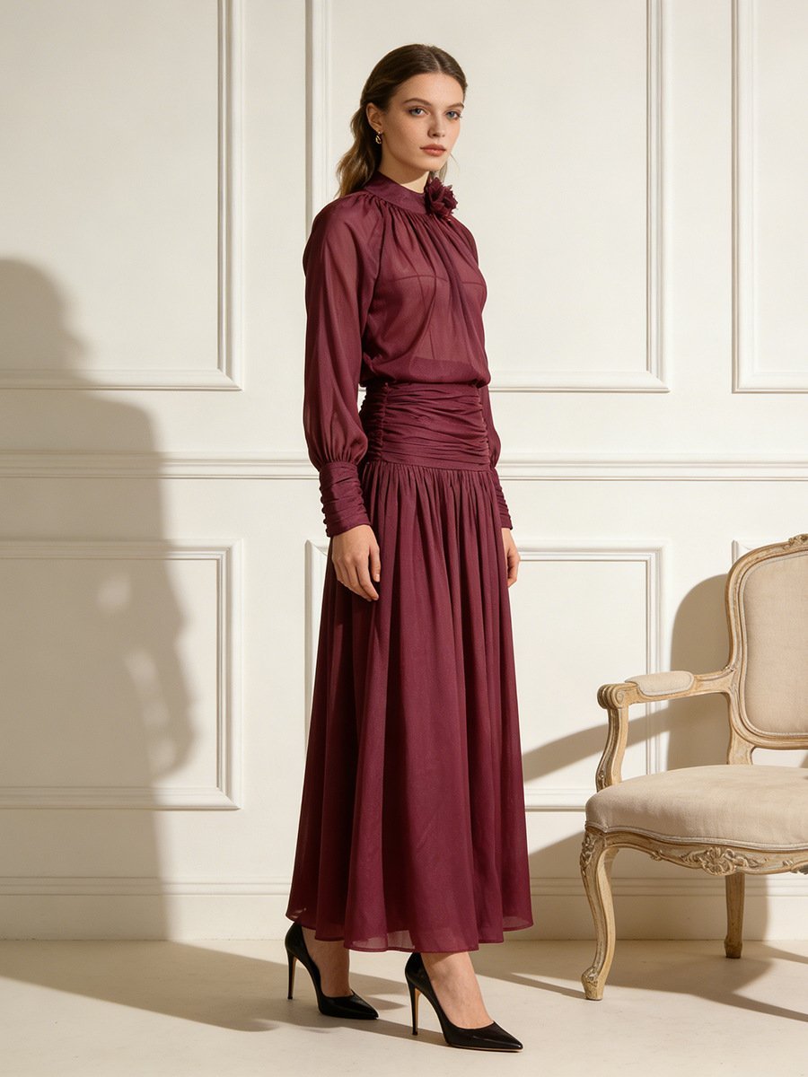 Deep Wine Maxi Dress Women's Floral High Neck Pleated A-Line Long Sleeve Dress - Styeenigma