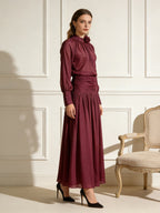 Deep Wine Maxi Dress Women's Floral High Neck Pleated A-Line Long Sleeve Dress - Styeenigma