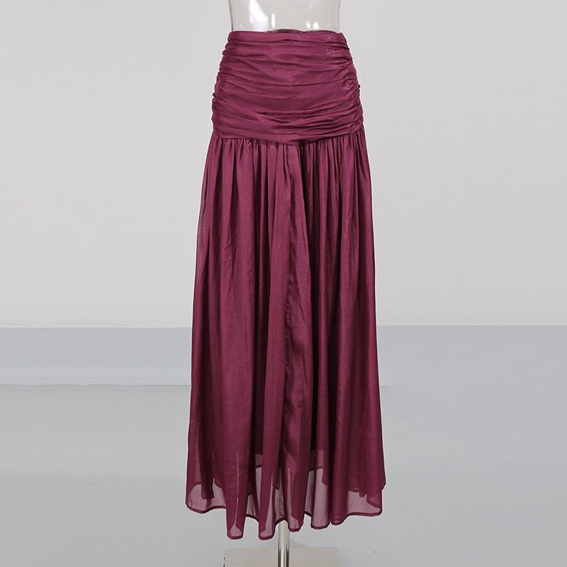 Deep Wine Maxi Dress Women's Floral High Neck Pleated A-Line Long Sleeve Dress - Styeenigma