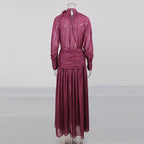 Deep Wine Maxi Dress Women's Floral High Neck Pleated A-Line Long Sleeve Dress - Styeenigma
