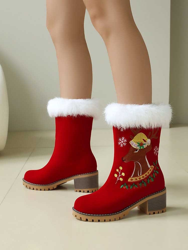 Red Christmas Ankle Boots Reindeer Embroidered Faux Fur Suede Heels - Styeenigma