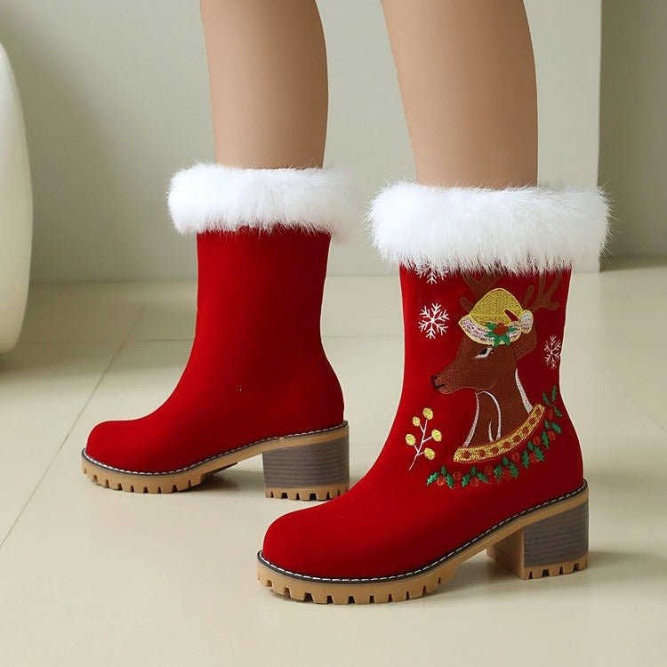 Red Christmas Ankle Boots Reindeer Embroidered Faux Fur Suede Heels - Styeenigma