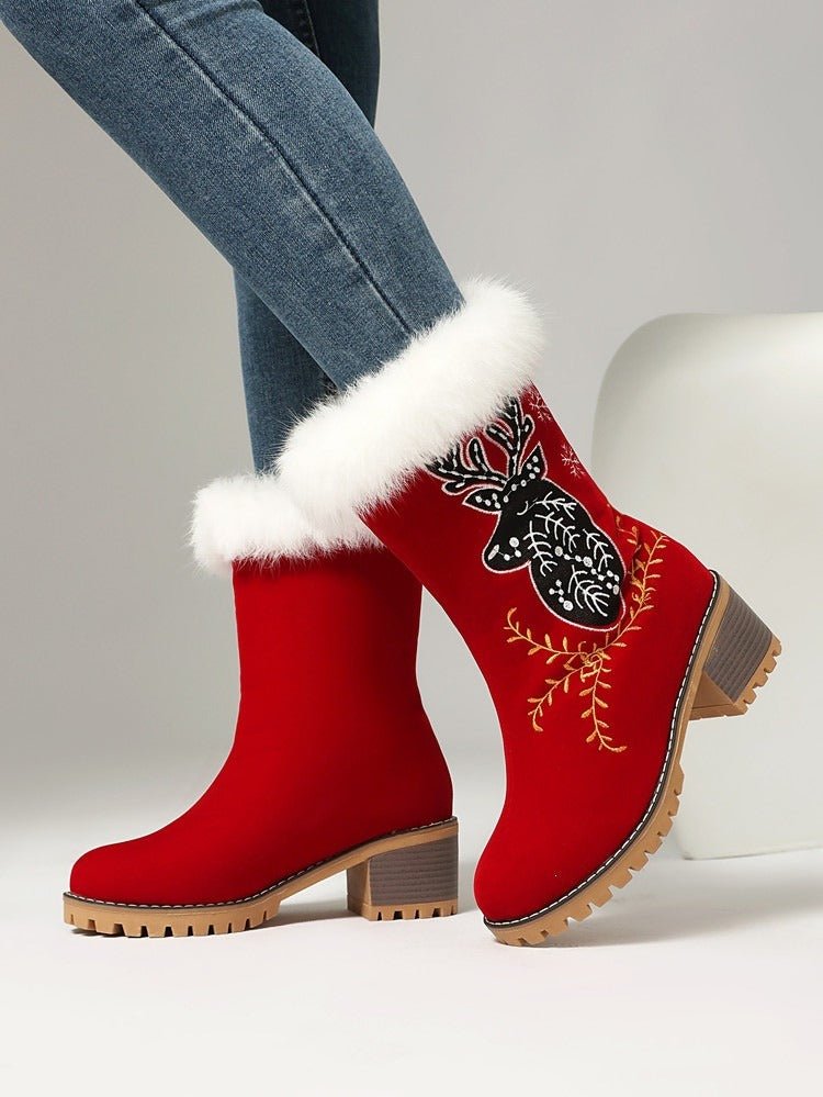 Red Christmas Ankle Boots Reindeer Embroidered Suede Faux Fur Block Heel - Styeenigma