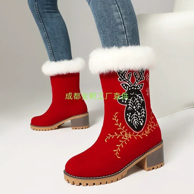 Red Christmas Ankle Boots Reindeer Embroidered Suede Faux Fur Block Heel - Styeenigma