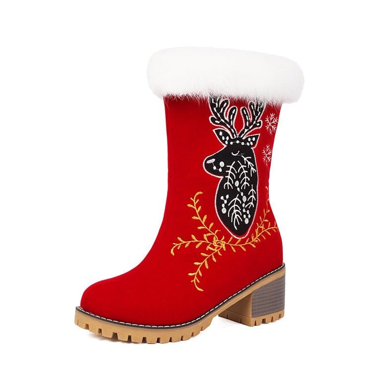 Red Christmas Ankle Boots Reindeer Embroidered Suede Faux Fur Block Heel - Styeenigma