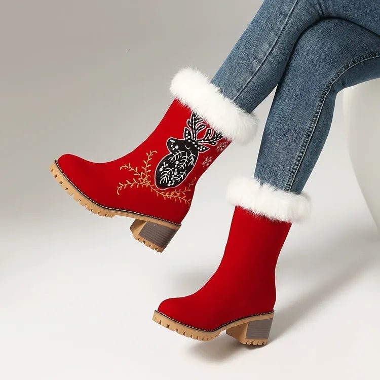 Red Christmas Ankle Boots Reindeer Embroidered Suede Faux Fur Block Heel - Styeenigma