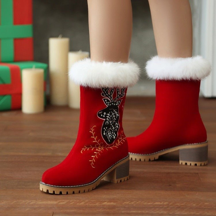 Red Christmas Ankle Boots Reindeer Embroidered Suede Faux Fur Block Heel - Styeenigma
