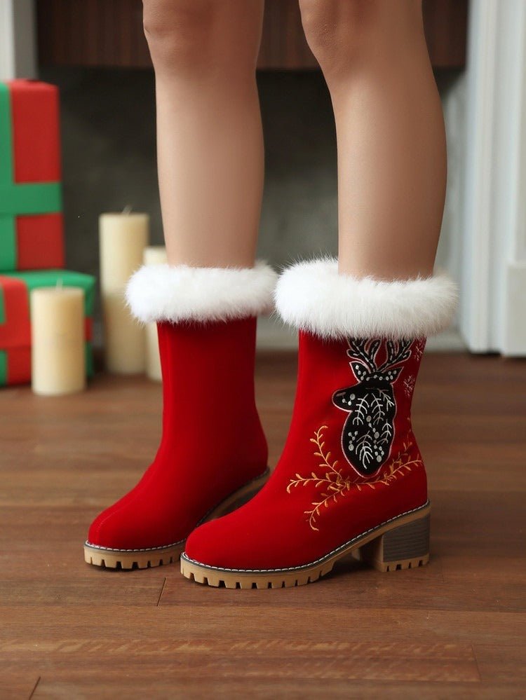 Red Christmas Ankle Boots Reindeer Embroidered Suede Faux Fur Block Heel - Styeenigma