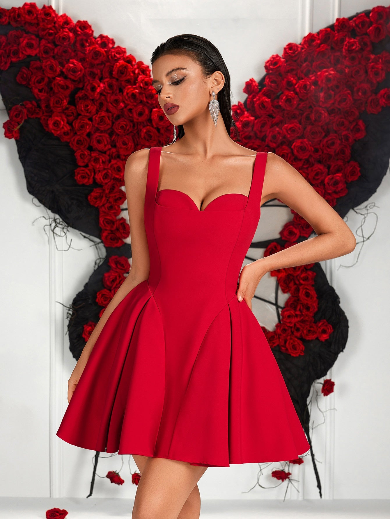 Red Heart Neckline Sling Cocktail Dress for Women, Party Evening Formal Mini Dress