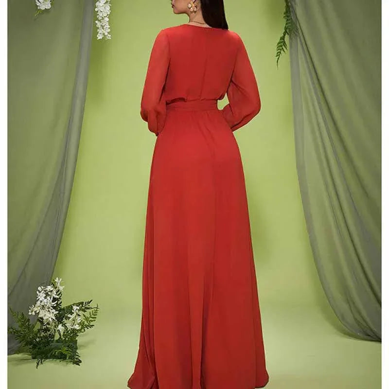 Red V Neck Long Sleeve Lace Up Prom & Wedding Guest Dress - Styeenigma