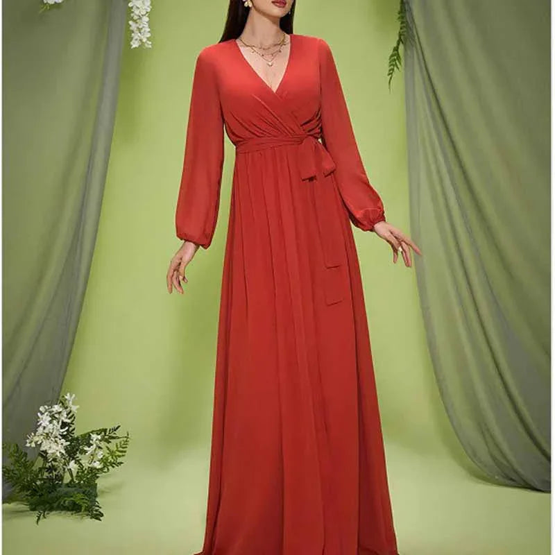 Red V Neck Long Sleeve Lace Up Prom & Wedding Guest Dress - Styeenigma