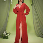 Red V Neck Long Sleeve Lace Up Prom & Wedding Guest Dress - Styeenigma