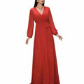 Red V Neck Long Sleeve Lace Up Prom & Wedding Guest Dress - Styeenigma