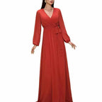 Red V Neck Long Sleeve Lace Up Prom & Wedding Guest Dress - Styeenigma
