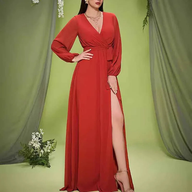 Red V Neck Long Sleeve Lace Up Prom & Wedding Guest Dress - Styeenigma