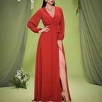 Red V Neck Long Sleeve Lace Up Prom & Wedding Guest Dress - Styeenigma