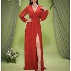 Red V Neck Long Sleeve Lace Up Prom & Wedding Guest Dress - Styeenigma