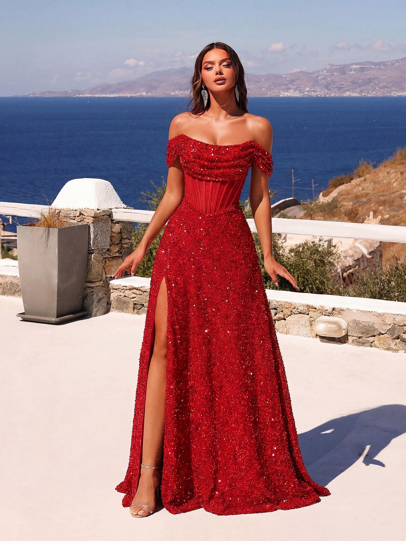 Red Off-Shoulder Sequin Gown High Slit Sparkling Formal Maxi Dress for Party & Prom - Styeenigma