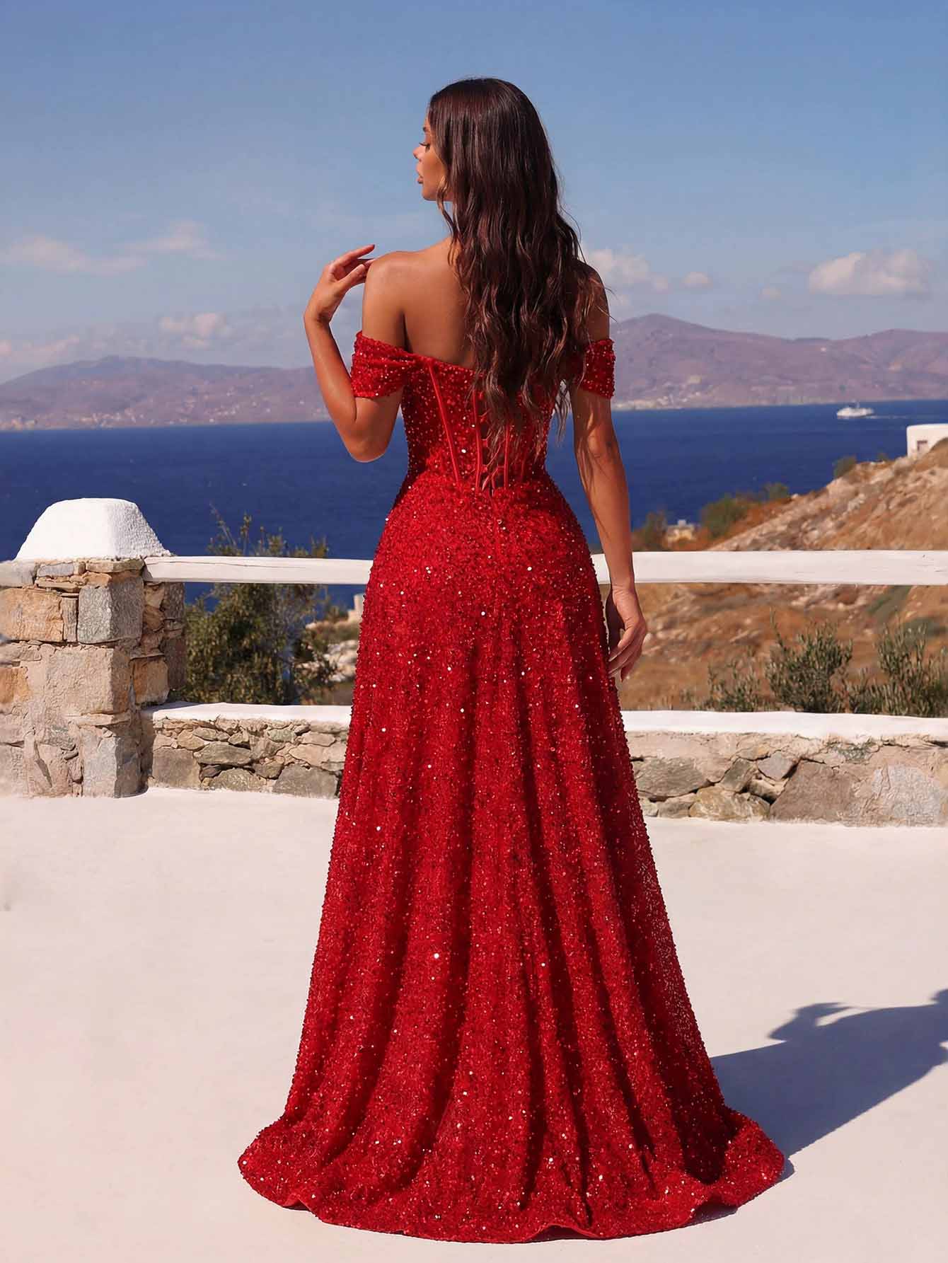 Red Off-Shoulder Sequin Gown High Slit Sparkling Formal Maxi Dress for Party & Prom