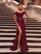 Red Off-Shoulder Sequin Gown High Slit Sparkling Formal Maxi Dress for Party & Prom