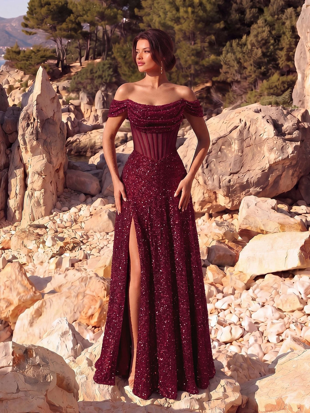 Red Off-Shoulder Sequin Gown High Slit Sparkling Formal Maxi Dress for Party & Prom