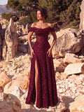Red Off-Shoulder Sequin Gown High Slit Sparkling Formal Maxi Dress for Party & Prom