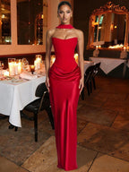 Red Satin Prom Gown – Elegant Ruched Maxi Dress for Formal Events & Dinner Parties