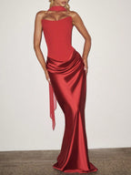 Red Satin Prom Gown – Elegant Ruched Maxi Dress for Formal Events & Dinner Parties