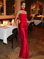 Red Satin Prom Gown – Elegant Ruched Maxi Dress for Formal Events & Dinner Parties
