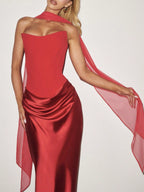Red Satin Prom Gown – Elegant Ruched Maxi Dress for Formal Events & Dinner Parties
