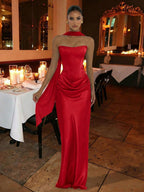 Red Satin Prom Gown – Elegant Ruched Maxi Dress for Formal Events & Dinner Parties