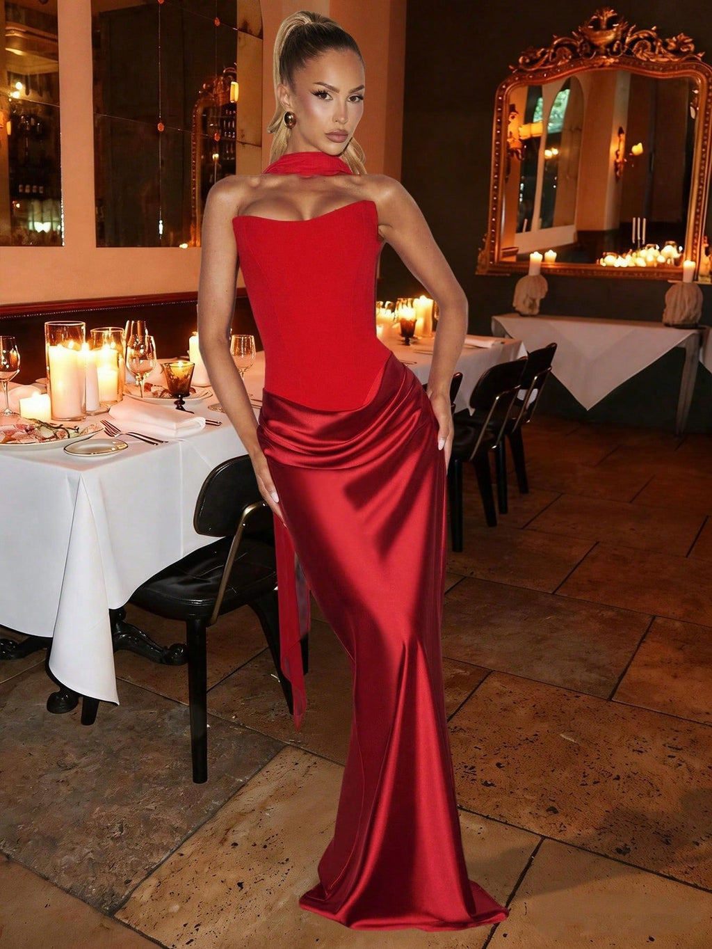 Red Satin Prom Gown – Elegant Ruched Maxi Dress for Formal Events & Dinner Parties