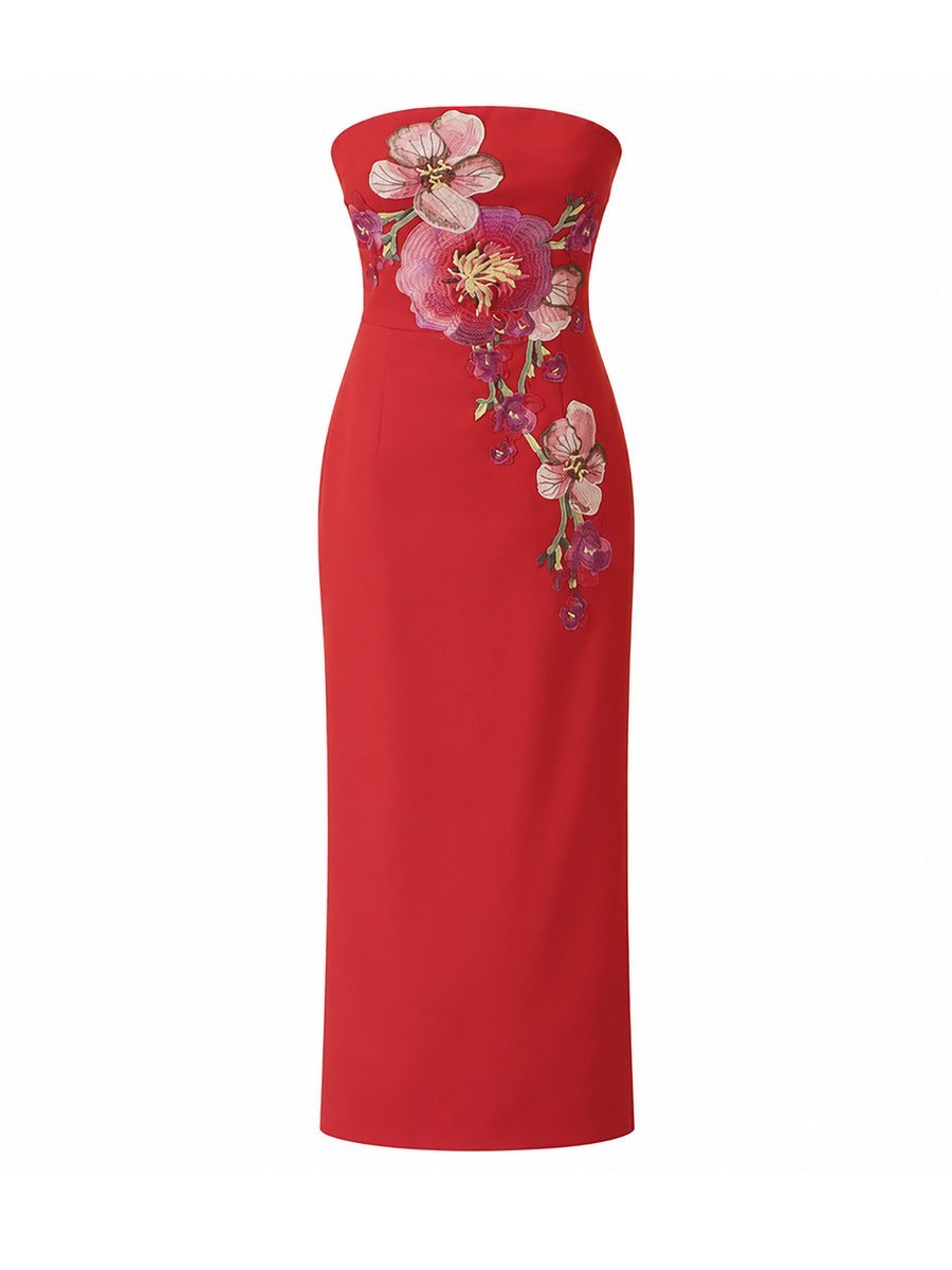Red Strapless Maxi Dress Floral Embroidered Bodycon Dress - Styeenigma