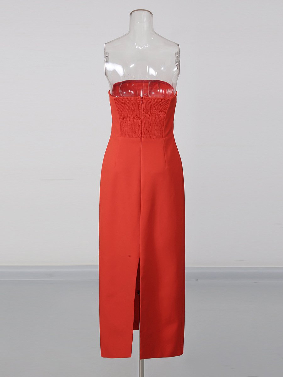 Red Strapless Maxi Dress Floral Embroidered Bodycon Dress - Styeenigma