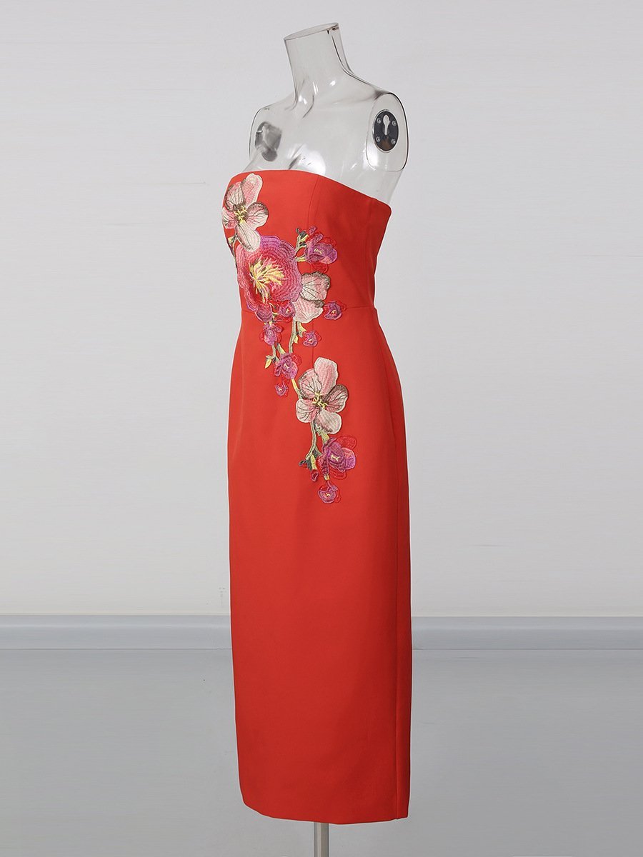 Red Strapless Maxi Dress Floral Embroidered Bodycon Dress - Styeenigma