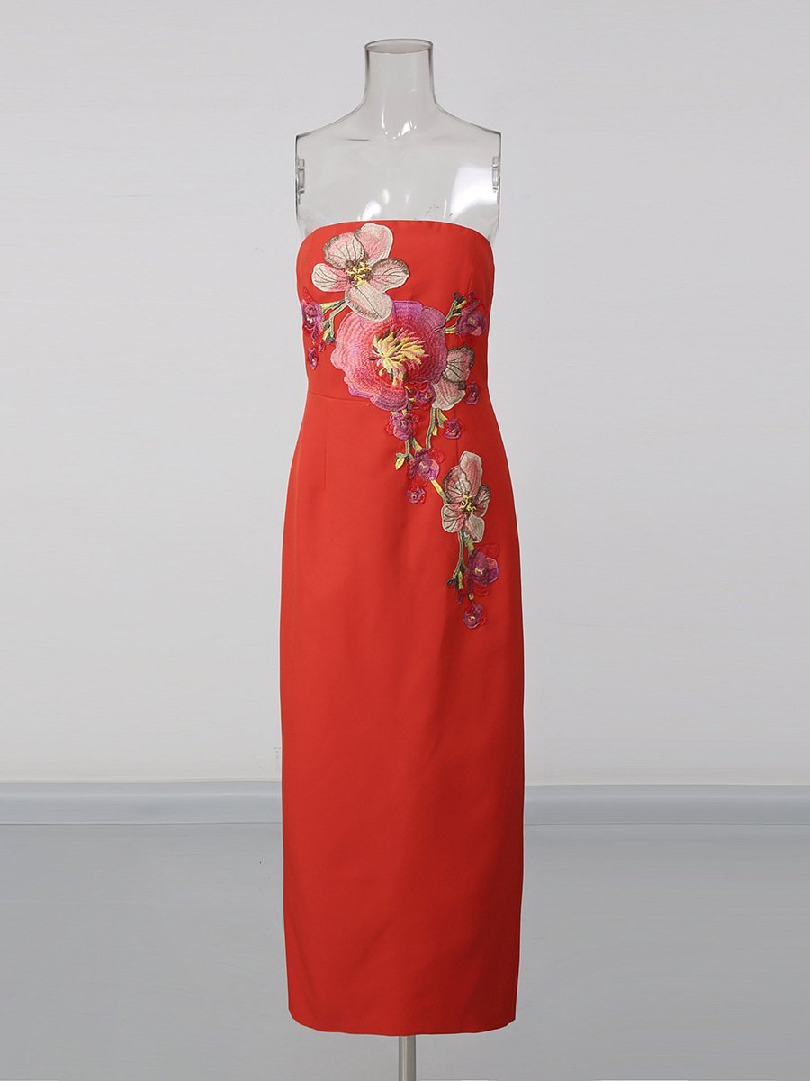 Red Strapless Maxi Dress Floral Embroidered Bodycon Dress - Styeenigma