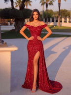 Elegant Red Off-Shoulder Sequin Gown with High Slit – Formal Evening Dress for Parties, Proms & Weddings