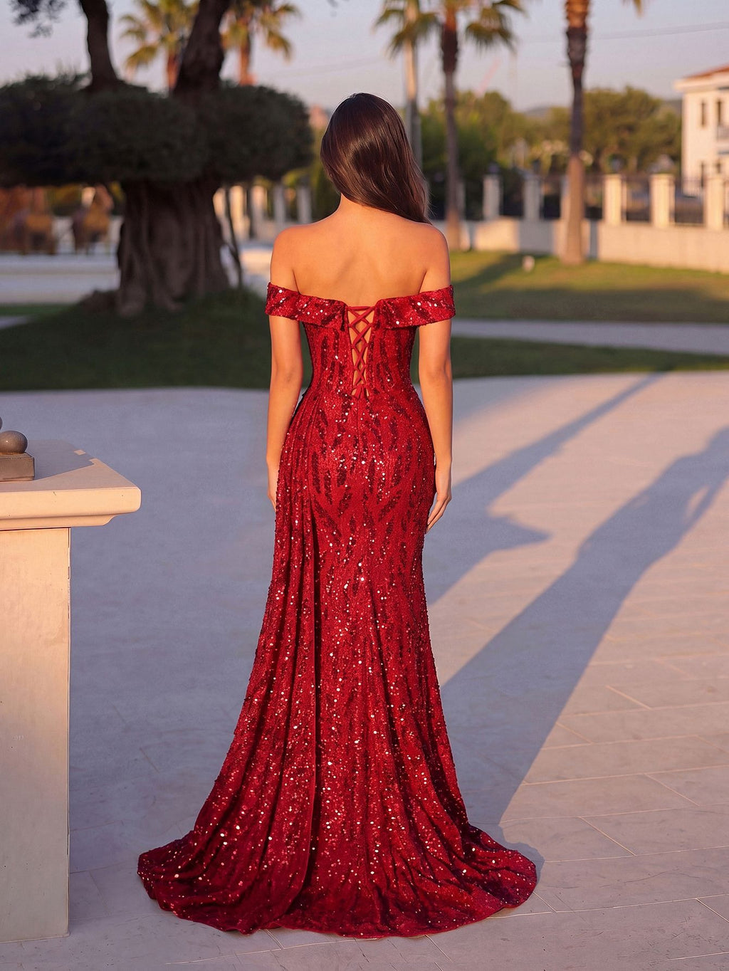 Elegant Red Off-Shoulder Sequin Gown with High Slit – Formal Evening Dress for Parties, Proms & Weddings