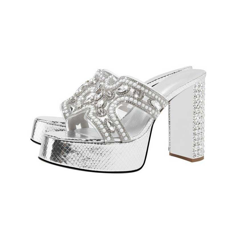 Rhinestone Platform Heels Faux Leather Block Heel Sandals - Styeenigma