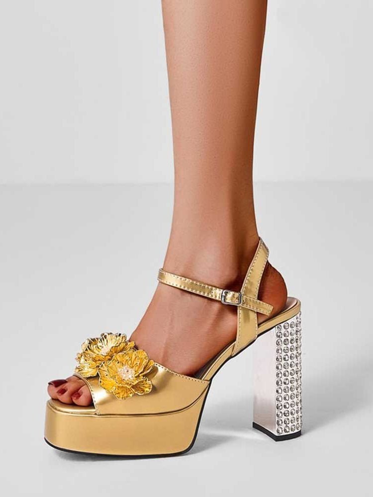 Rhinestone Platform Heels Faux Leather Block Heel Sandals - Styeenigma