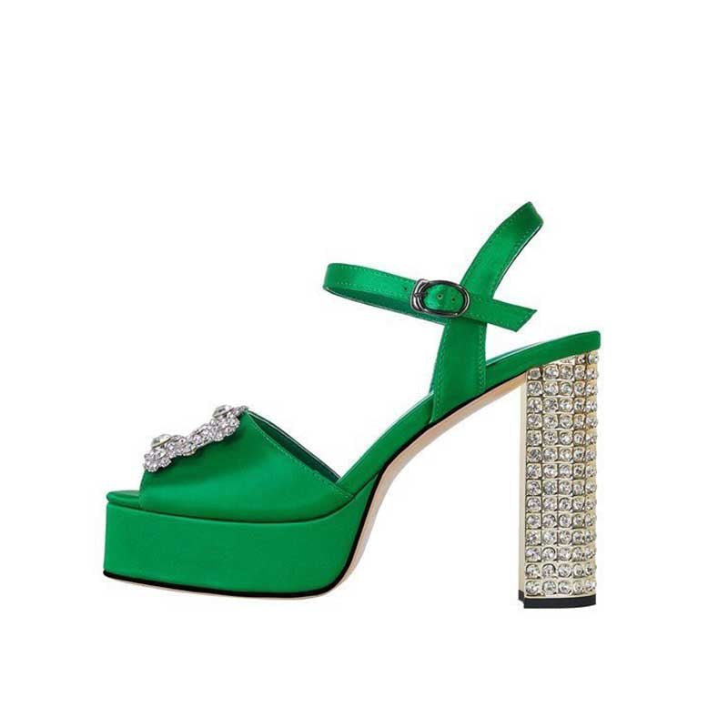Rhinestone Platform Heels Faux Leather Block Heel Sandals - Styeenigma