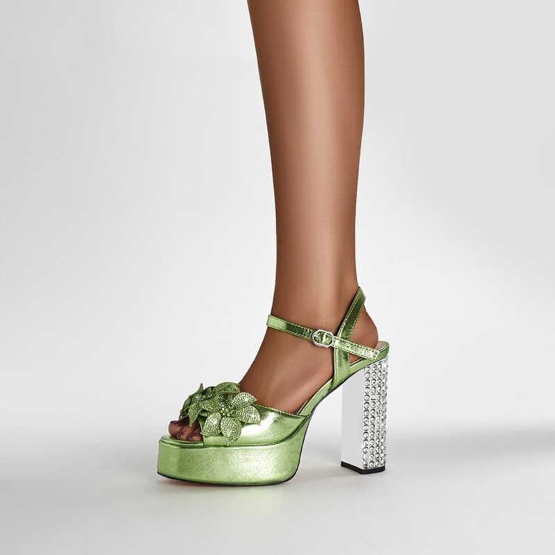 Rhinestone Platform Heels Faux Leather Block Heel Sandals - Styeenigma