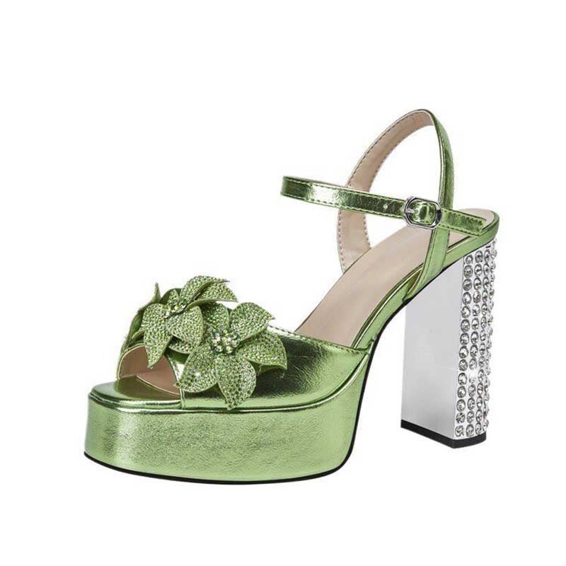 Rhinestone Platform Heels Faux Leather Block Heel Sandals - Styeenigma