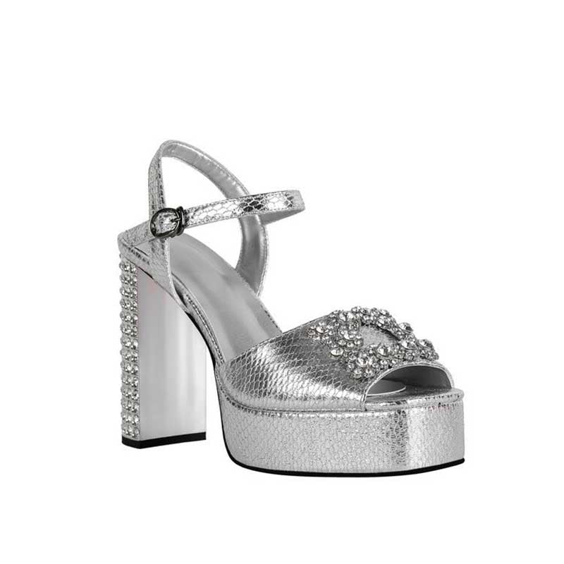 Rhinestone Platform Heels Faux Leather Block Heel Sandals - Styeenigma