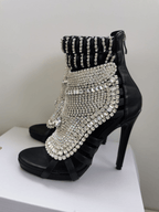 Rhinestone Stiletto Sandals - Sexy Toe-Loop Fringe Evening Heels for Women | Prom Party Shoes - Styeenigma