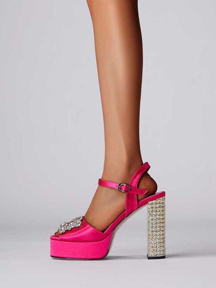 Rhinestone Platform Heels Faux Leather Block Heel Sandals - Styeenigma