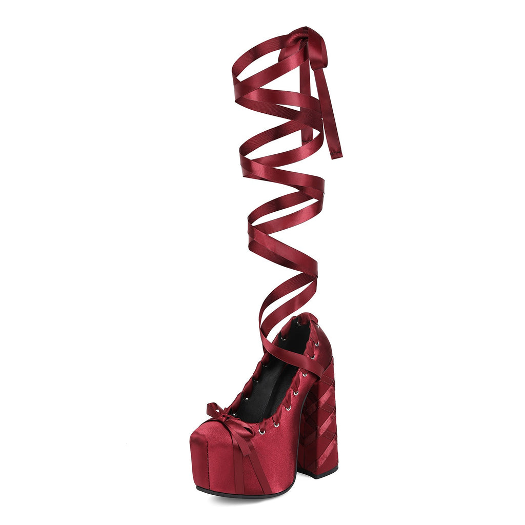 Ribbon Tied Platform Heel Pumps – Balletcore Lolita Y2K Lace-Up Knee-High Shoes for Women - Styeenigma