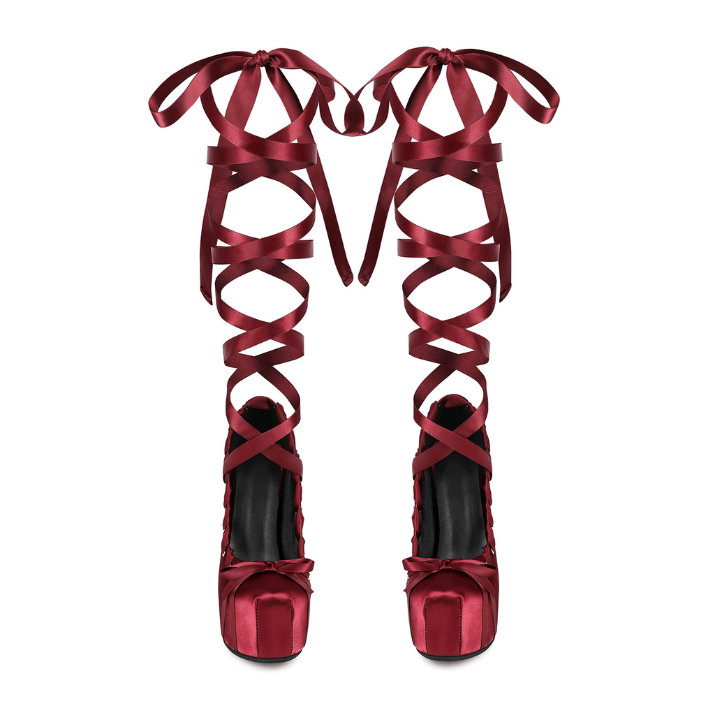 Ribbon Tied Platform Heel Pumps – Balletcore Lolita Y2K Lace-Up Knee-High Shoes for Women - Styeenigma