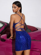 Royal Blue Sequin Spaghetti Strap Deep V-Neck Mini Dress - Party Evening Gown